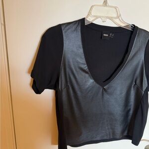 ASOS Black Faux Leather Combo  Front V-Neck Short Sleeve Top Size 4